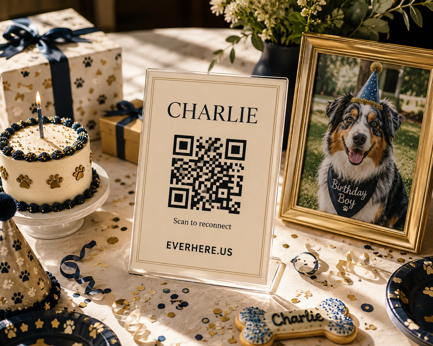 Everhere QR placard displaying Charlie's name at a dog birthday party table with cake, gifts, and a framed photo of an Australian Shepherd