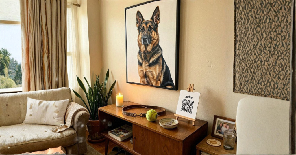 Pet tribute video QR placard displayed on a home shelf as part of a memorial space